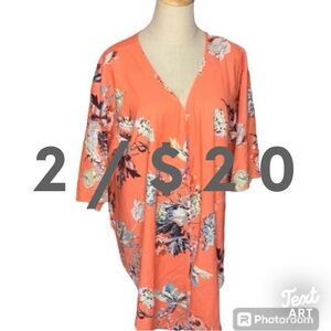 Orange Floral V- neck high Low Tunic Blouse
